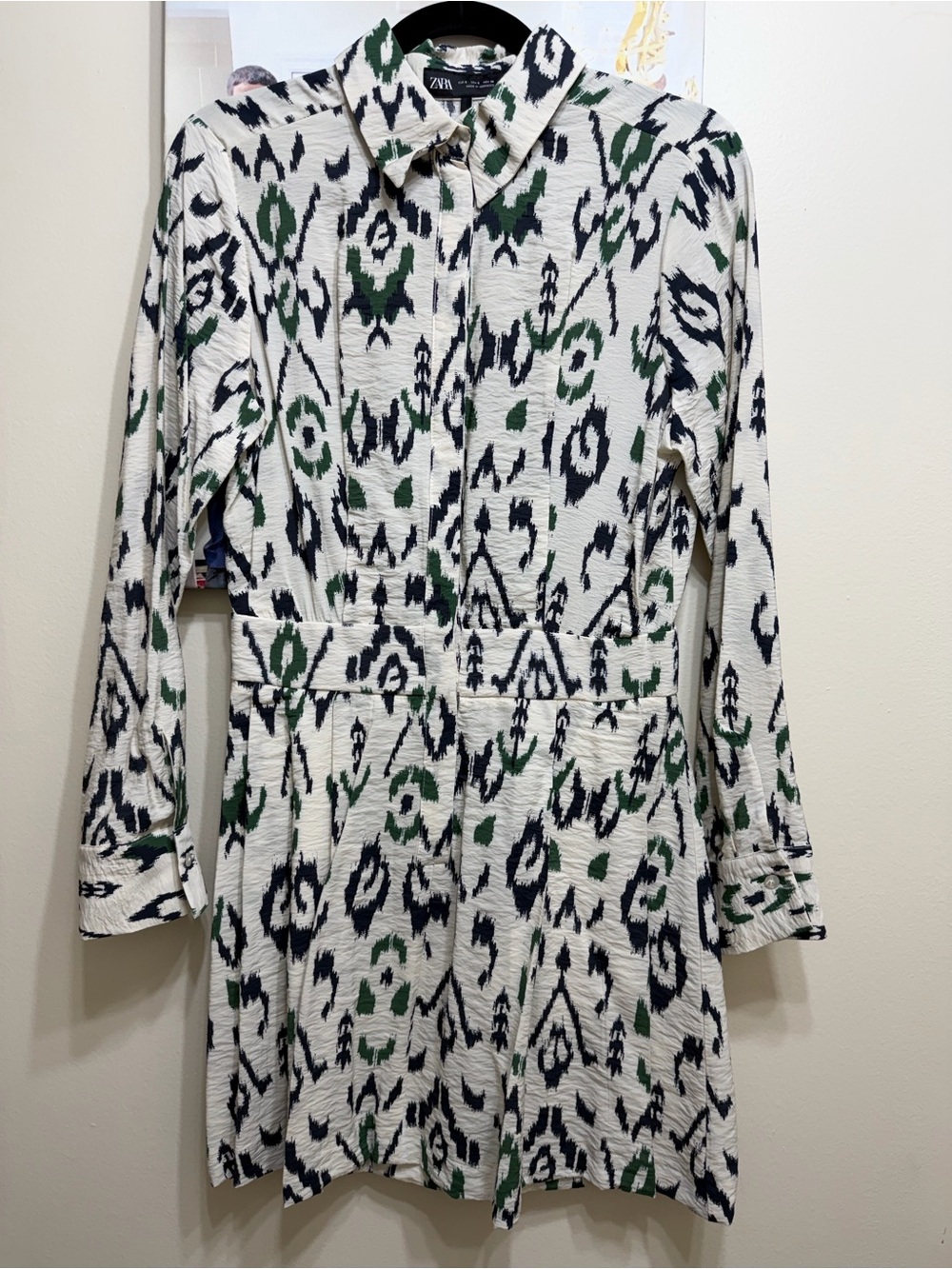 Zara White Shirt Dress with Green & Black Abstract Print